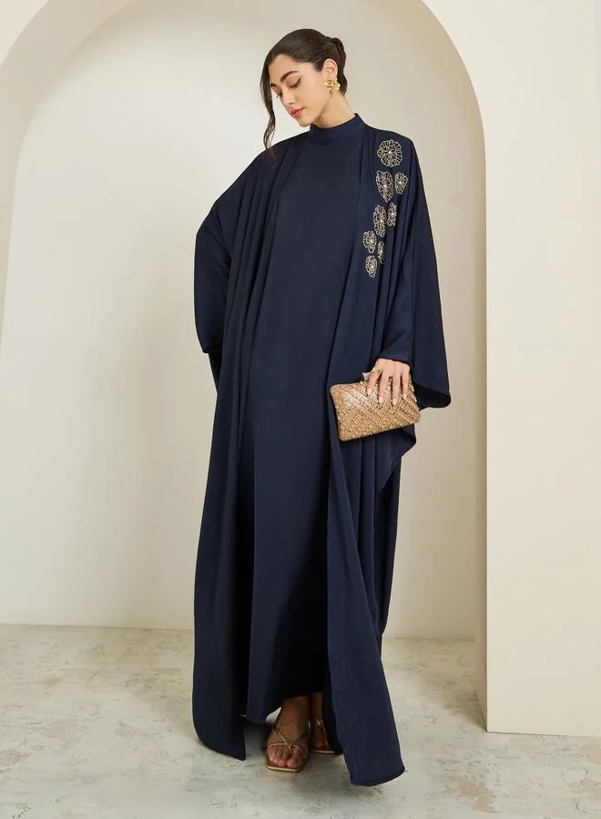 Amirah Women Navy Blue Embroidered Abaya with Jalabiya Set